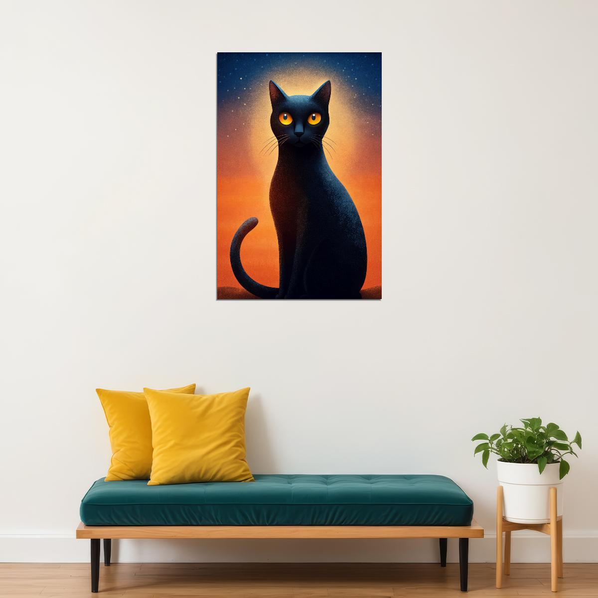Black Cat Poster Minimalist Print Boho Home Decor Fall Aesthetic Whimsical Rustic Art