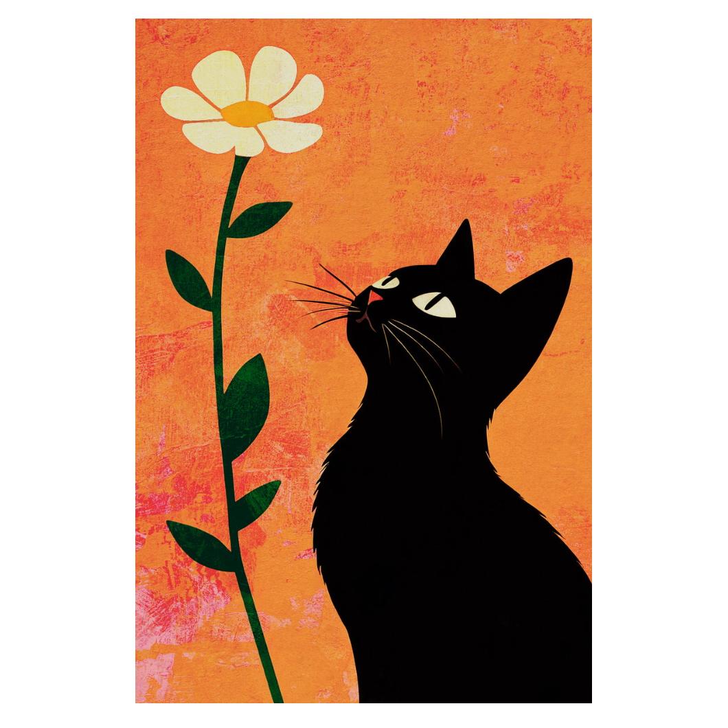 Black Kitten With Daisy Poster Orange Boho Print Eclectic Aesthetics Cute Maximalist Wall Art