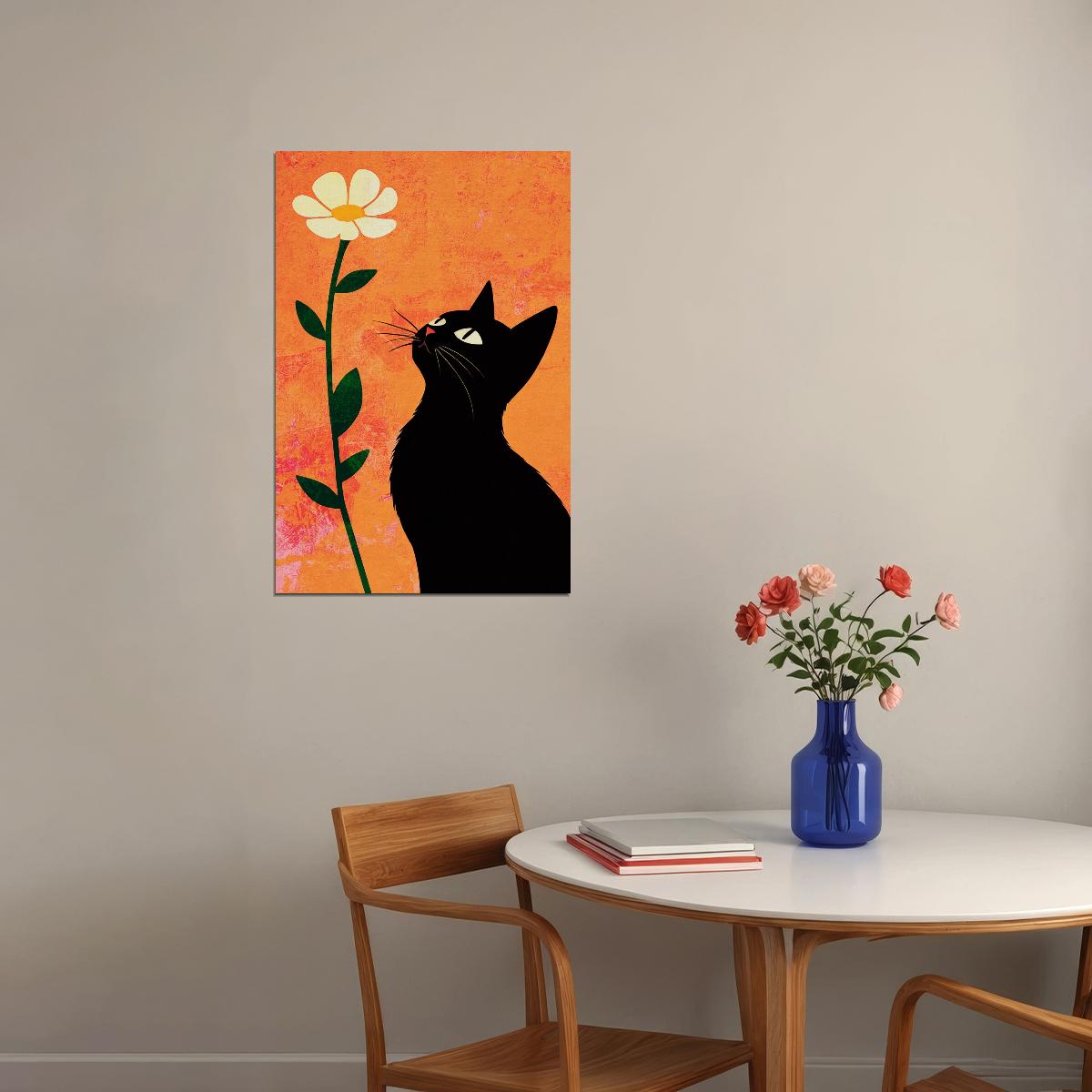 Black Kitten With Daisy Poster Orange Boho Print Eclectic Aesthetics Cute Maximalist Wall Art