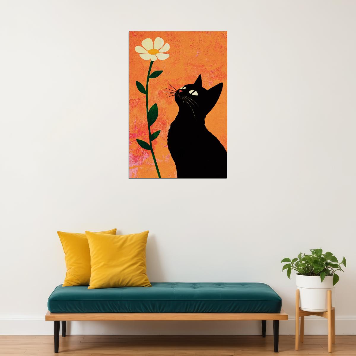 Black Kitten With Daisy Poster Orange Boho Print Eclectic Aesthetics Cute Maximalist Wall Art