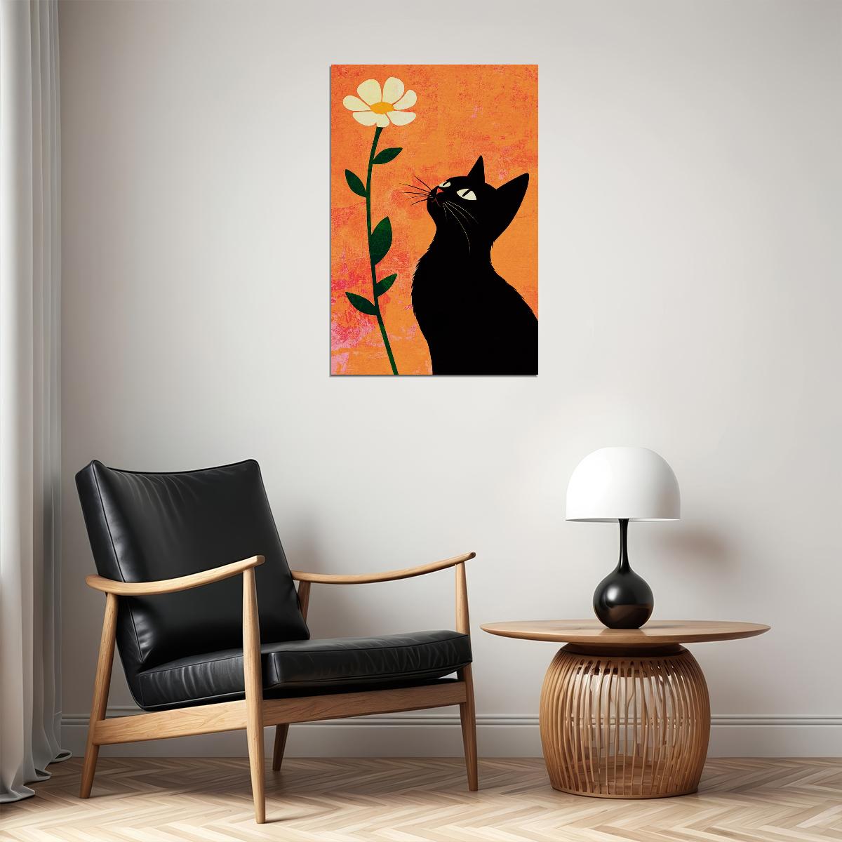 Black Kitten With Daisy Poster Orange Boho Print Eclectic Aesthetics Cute Maximalist Wall Art