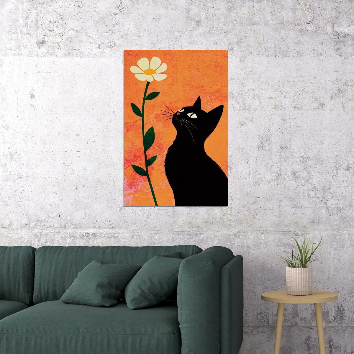 Black Kitten With Daisy Poster Orange Boho Print Eclectic Aesthetics Cute Maximalist Wall Art