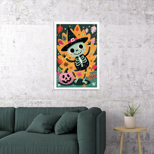 Cute Skeleton With Pumpkin Poster Trendy Halloween Print For Kids Nursery Art Playful Cozy Decor - xonomax