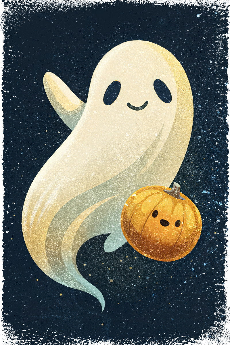 Smiling Ghost With Pumpkin Poster Cute Halloween Print For Kids Nursery Art Friendly Ghost Decor - xonomax