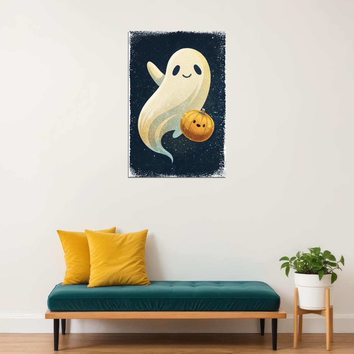 Smiling Ghost With Pumpkin Poster Cute Halloween Print For Kids Nursery Art Friendly Ghost Decor - xonomax