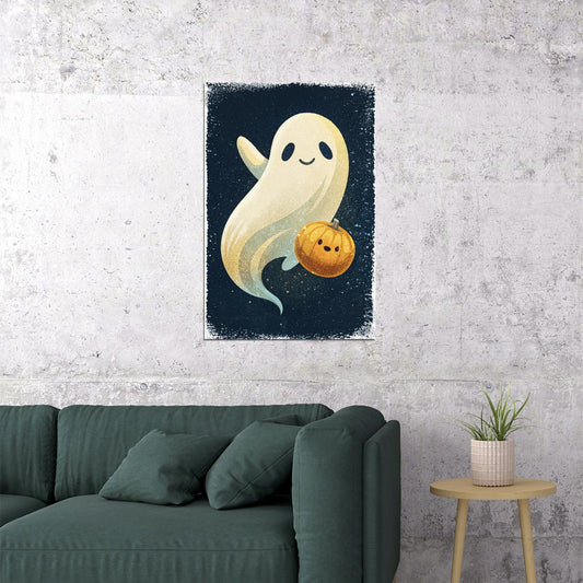 Smiling Ghost With Pumpkin Poster Cute Halloween Print For Kids Nursery Art Friendly Ghost Decor - xonomax
