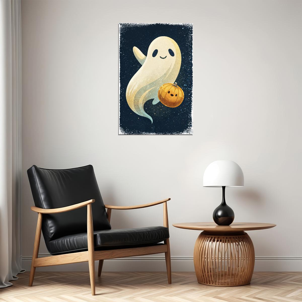 Smiling Ghost With Pumpkin Poster Cute Halloween Print For Kids Nursery Art Friendly Ghost Decor - xonomax