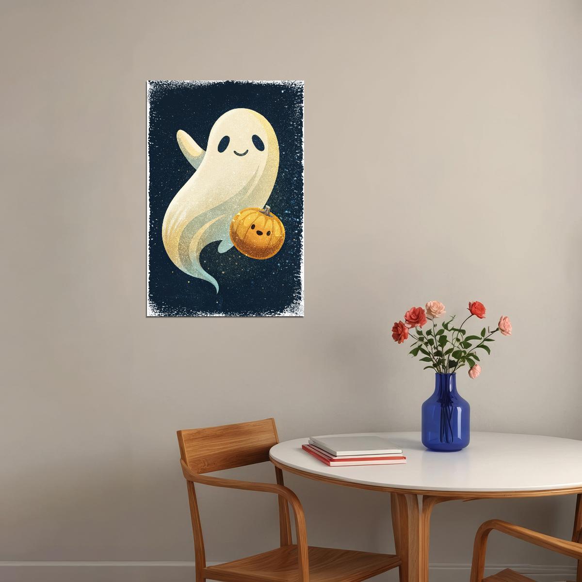 Smiling Ghost With Pumpkin Poster Cute Halloween Print For Kids Nursery Art Friendly Ghost Decor - xonomax