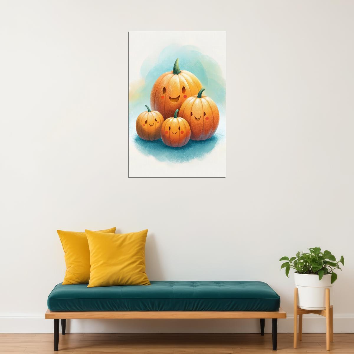 Happy Pumpkins Poster Cute Fall Print Playful Pumpkin For Kids Halloween Watercolor Nursery Art