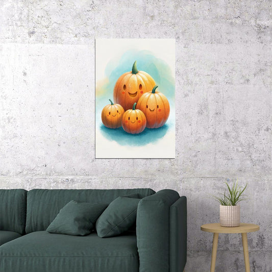 Happy Pumpkins Poster Cute Fall Print Playful Pumpkin For Kids Halloween Watercolor Nursery Art - xonomax