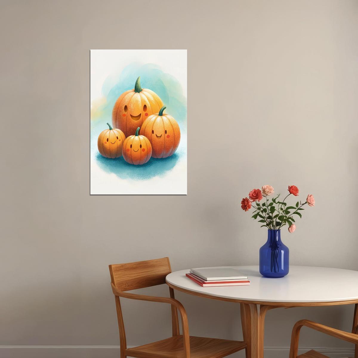 Happy Pumpkins Poster Cute Fall Print Playful Pumpkin For Kids Halloween Watercolor Nursery Art