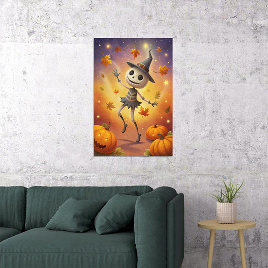 Dancing Scarecrow And Pumpkins Poster Cute Halloween Print For Kids Whimsical Nursery Wall Art - xonomax