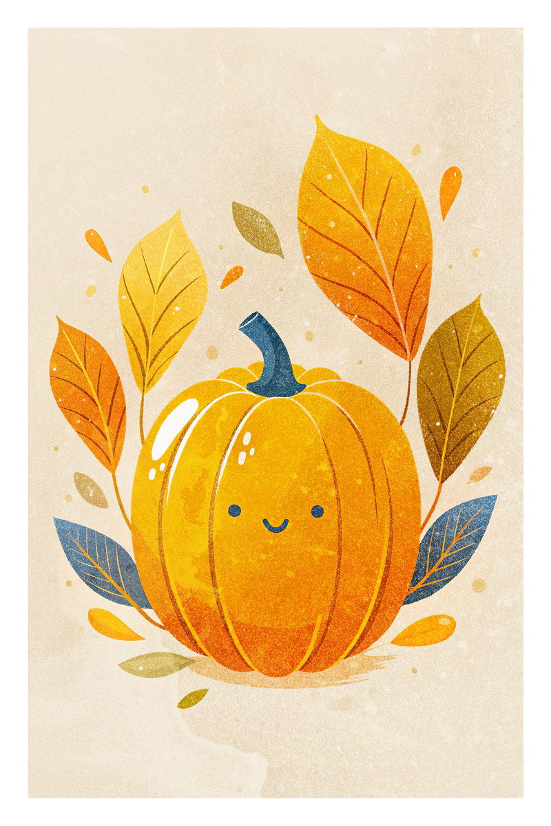 Poster - Smiling Pumpkin Poster Cute Leaves Fall Nursery Print Halloween  Pictures For Kids Cozy Wall Art