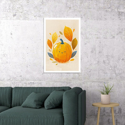 Smiling Pumpkin Poster Cute Leaves Fall Nursery Print Halloween Pictures For Kids Cozy Wall Art - xonomax