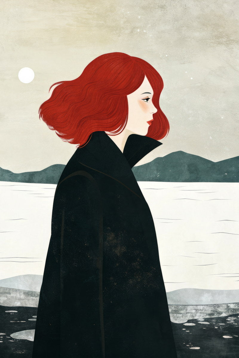 Redhead Girl Lake Poster Minimalist Trendy Fall Print Rustic Autumn Modern Wall Art Forest Aesthetic