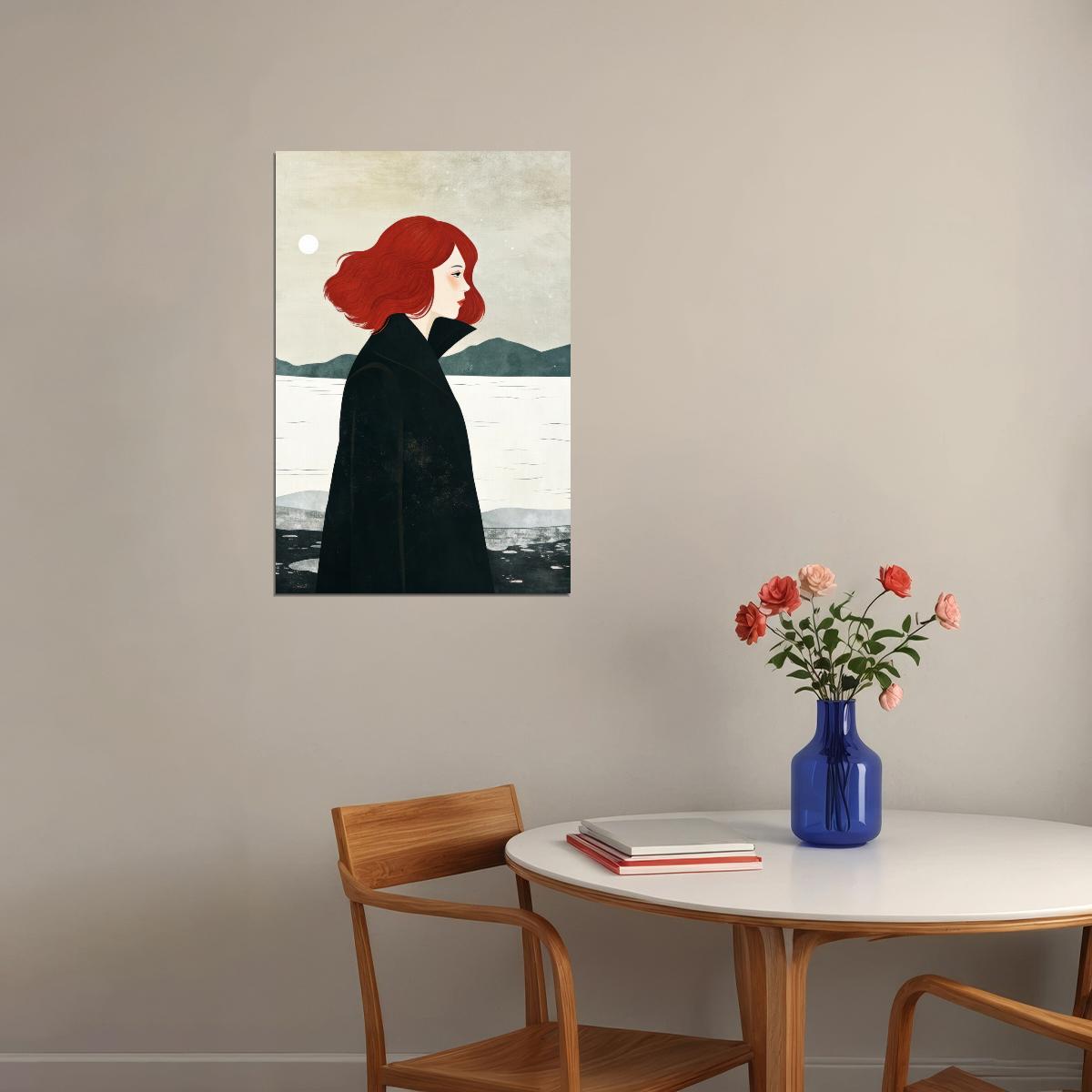 Redhead Girl Lake Poster Minimalist Trendy Fall Print Rustic Autumn Modern Wall Art Forest Aesthetic