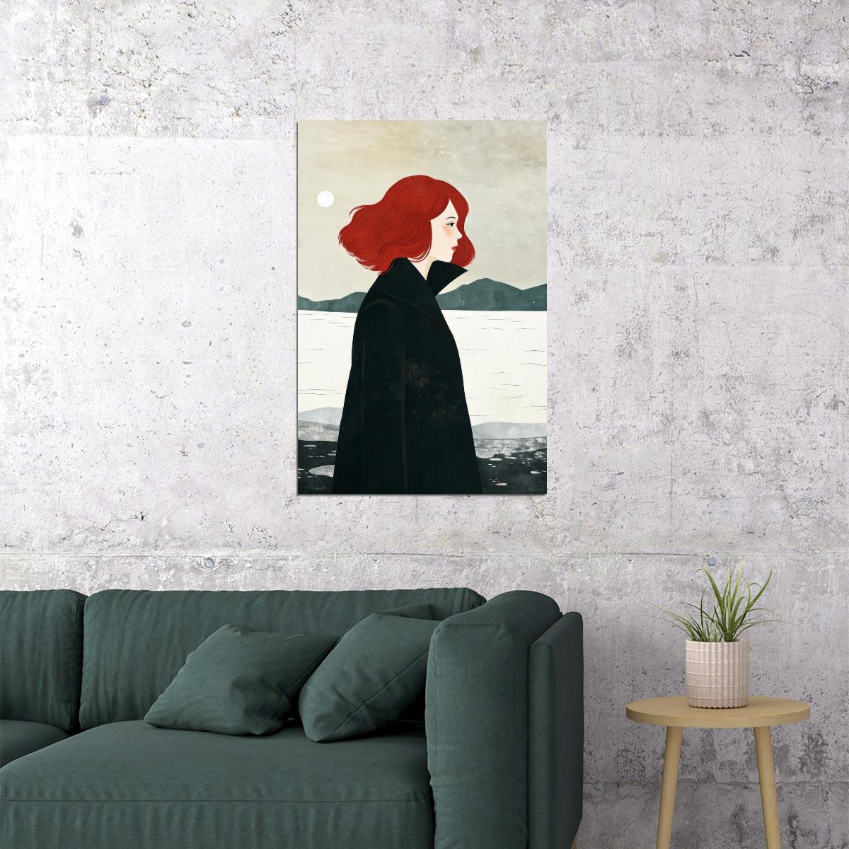 Redhead Girl Lake Poster Minimalist Trendy Fall Print Rustic Autumn Modern Wall Art Forest Aesthetic