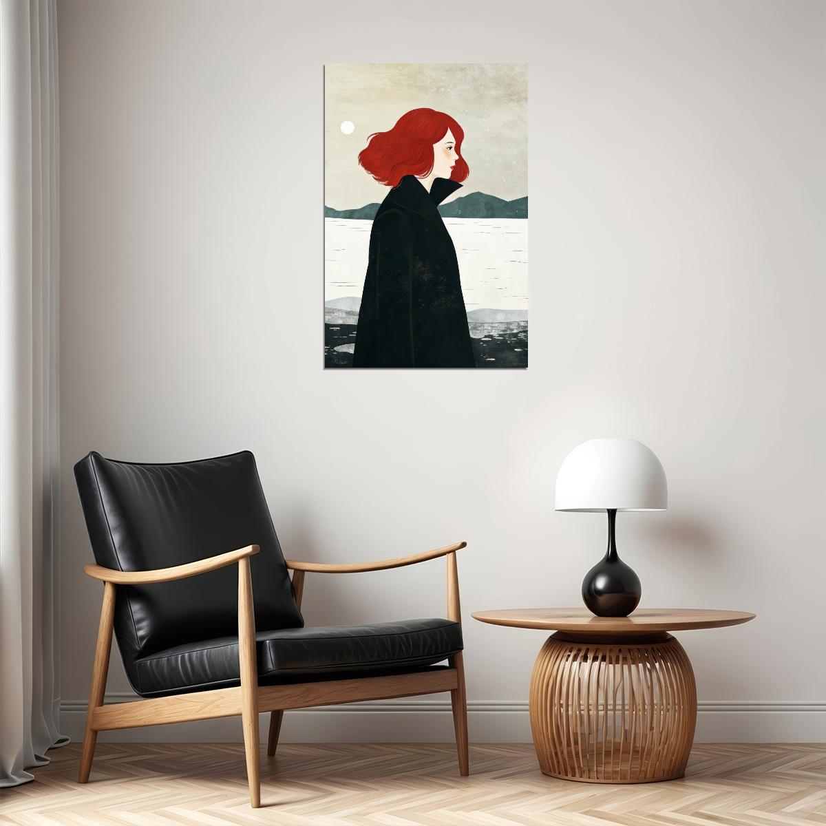 Redhead Girl Lake Poster Minimalist Trendy Fall Print Rustic Autumn Modern Wall Art Forest Aesthetic