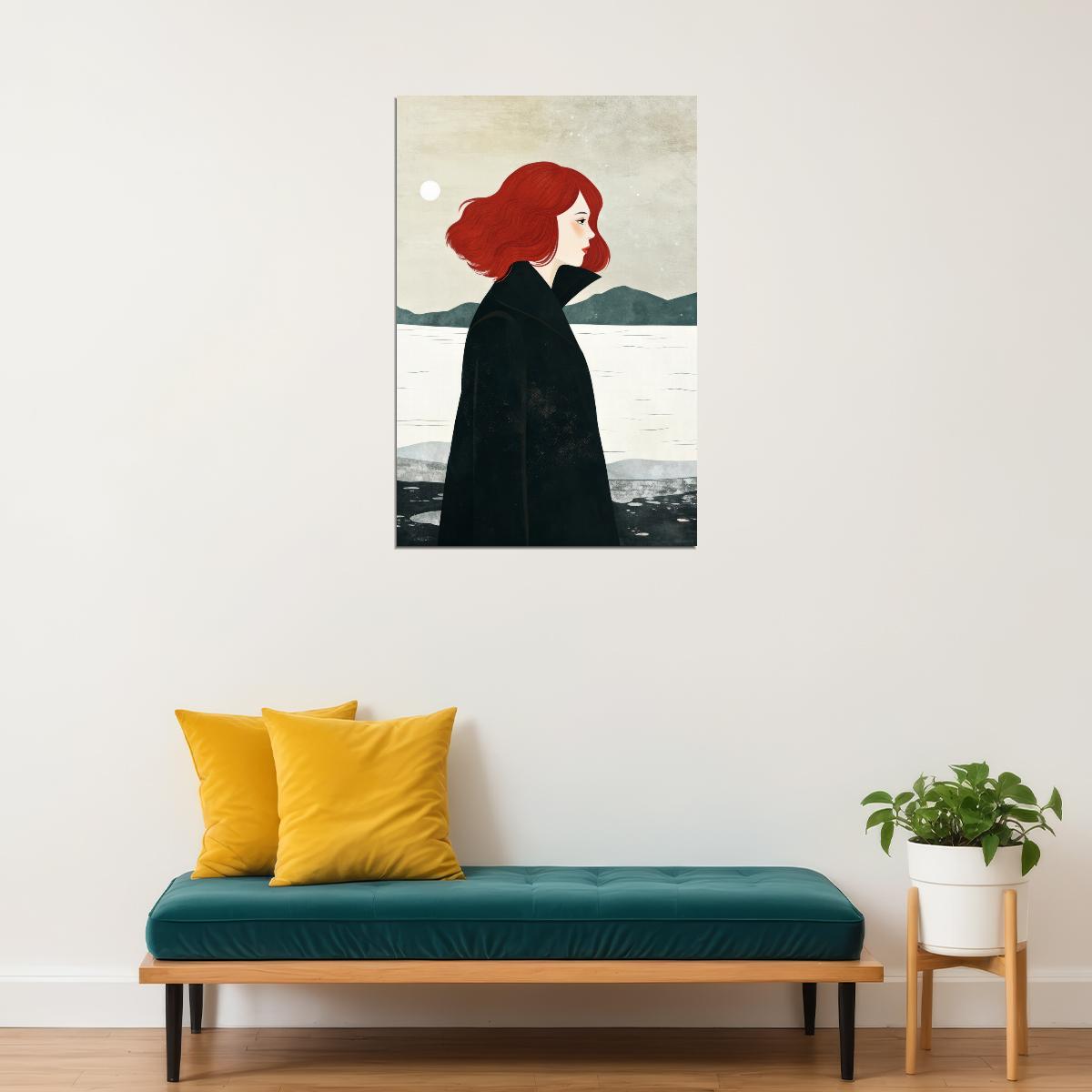 Redhead Girl Lake Poster Minimalist Trendy Fall Print Rustic Autumn Modern Wall Art Forest Aesthetic