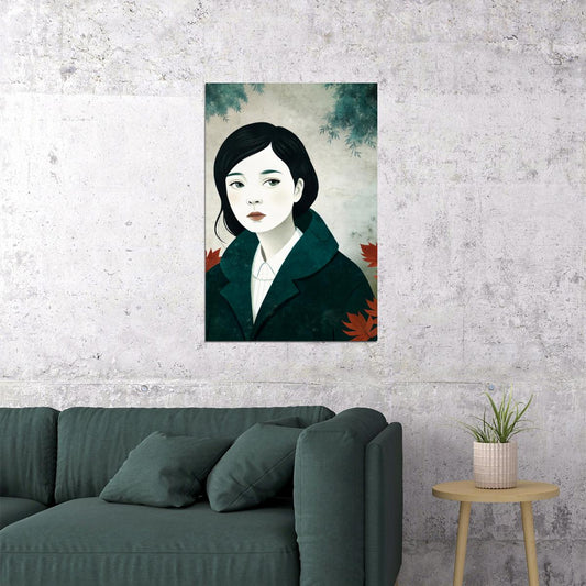 Girl And Leaves Poster Fall Boho Print Modern Wall Art Rustic Trendy Forest Aesthetic - xonomax