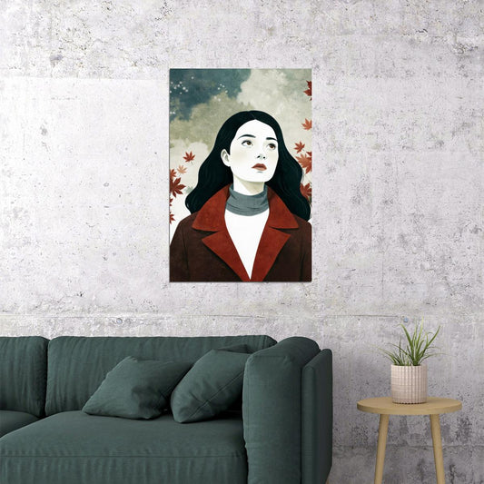 Girl And Falling Leaves Poster Minimalist Fall Print Boho Autumn Wall Art Rustic Forest Aesthetic - xonomax