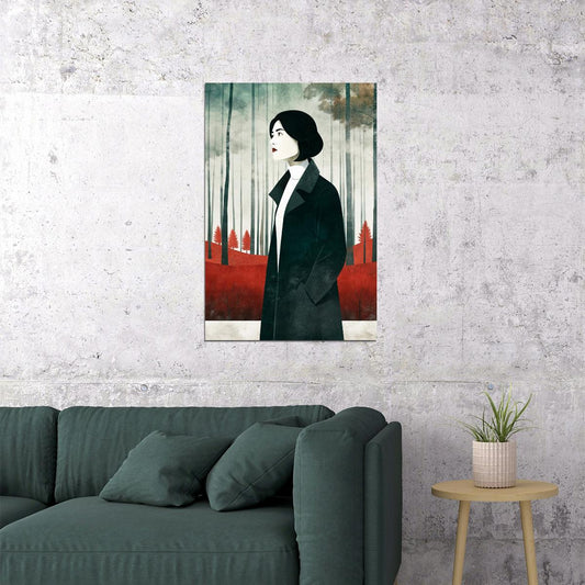 Girl In Forest Poster Minimalist Fall Print Boho Rustic Wall Art Trendy Farmhouse Aesthetic - xonomax