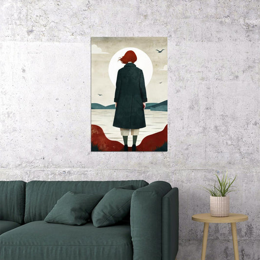 Girl By Sea Poster Red Fall Boho Print Autumn Sunset Modern Wall Art Rustic Coastal Aesthetic - xonomax