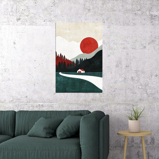 Red Sun Landscape Poster Minimalist Nature Boho Print Modern Fall Wall Art Trendy Aesthetic - xonomax