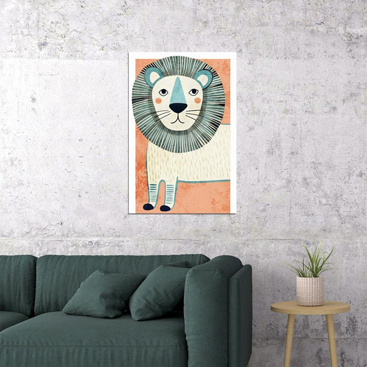 Boho Lion Kids Poster Print Safari Nursery Wall Art Cute Blue Beige Animal Decor Perfect Gift for Kids Room - xonomax