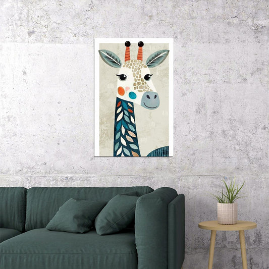 Giraffe Kids Poster Print Boho Nursery Wall Art Cute Colorful Safari Animal Decor Blue Beige Adorable Gift for Toddlers - xonomax