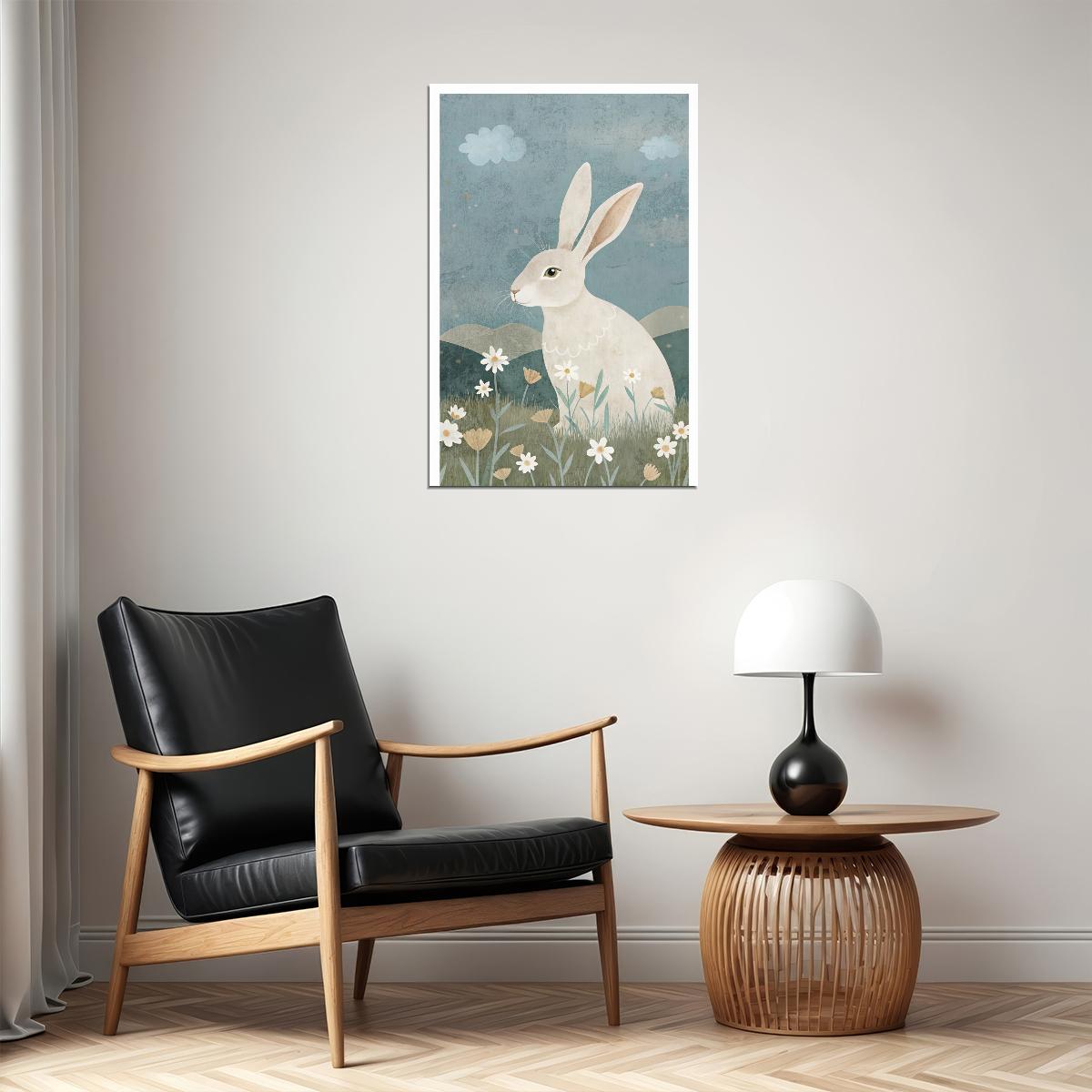 Rabbit Kids Poster Print Boho Nursery Wall Art Gentle Woodland Animal Soft Blue Beige Cute Decor for Baby Room - xonomax