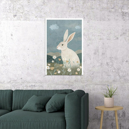 Rabbit Kids Poster Print Boho Nursery Wall Art Gentle Woodland Animal Soft Blue Beige Cute Decor for Baby Room - xonomax