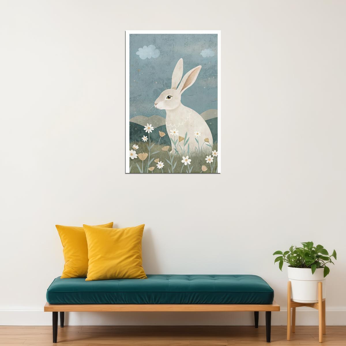 Rabbit Kids Poster Print Boho Nursery Wall Art Gentle Woodland Animal Soft Blue Beige Cute Decor for Baby Room - xonomax