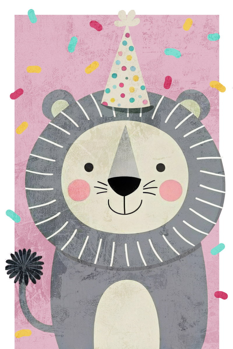 Party Lion Kids Poster Print Boho Nursery Wall Art Cute Celebration Theme Confetti Pastel Colors Gift for Kids Room - xonomax