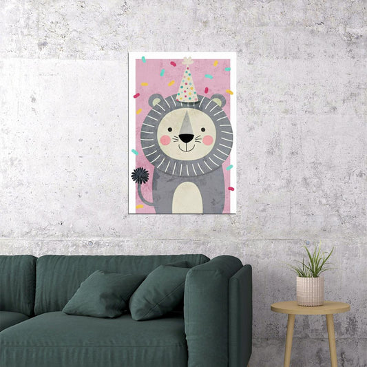 Party Lion Kids Poster Print Boho Nursery Wall Art Cute Celebration Theme Confetti Pastel Colors Gift for Kids Room - xonomax