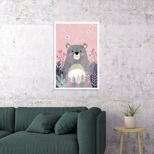 Bear Kids Poster Print Boho Nursery Wall Art Cute Pink Forest Animal Decor Colorful Gift for Baby Toddler Rooms - xonomax