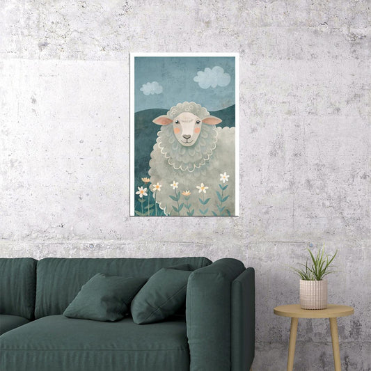 Sheep Kids Poster Print Boho Nursery Wall Art Gentle Farm Animal Blue Beige Cute Calm Decor for Kids Room - xonomax