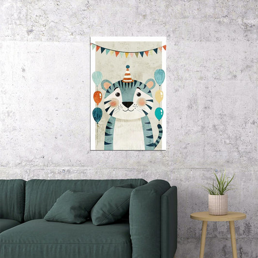 Birthday Tiger Kids Poster Print Boho Nursery Wall Art Colorful Celebration Decor Balloons Beige Orange Cute Gift for Kids - xonomax
