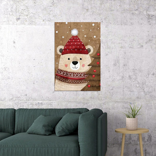 Cute Polar Bear Kids Poster Christmas Winter Nursery Wall Art Cozy Festive Decor with Red Hat Adorable Holiday Gift for Kids Room - xonomax