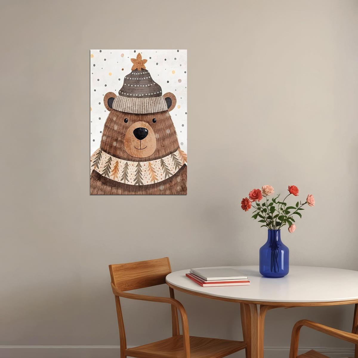 Christmas Brown Bear Kids Poster Winter Nursery Wall Art Warm Festive Holiday Decor with Knitted Hat Perfect Gift for Kids Room - xonomax