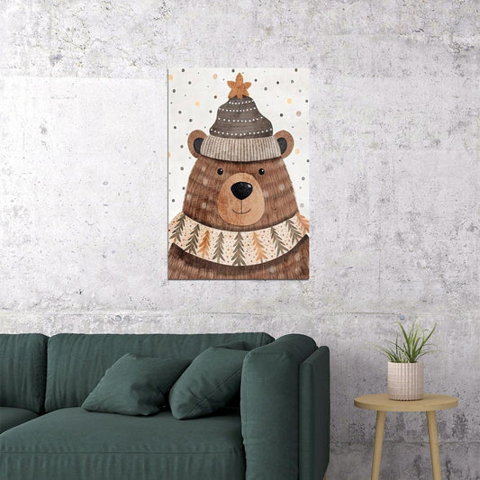 Christmas Brown Bear Kids Poster Winter Nursery Wall Art Warm Festive Holiday Decor with Knitted Hat Perfect Gift for Kids Room - xonomax