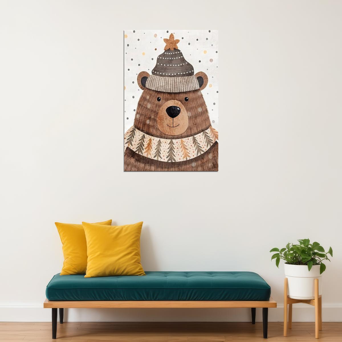Christmas Brown Bear Kids Poster Winter Nursery Wall Art Warm Festive Holiday Decor with Knitted Hat Perfect Gift for Kids Room - xonomax
