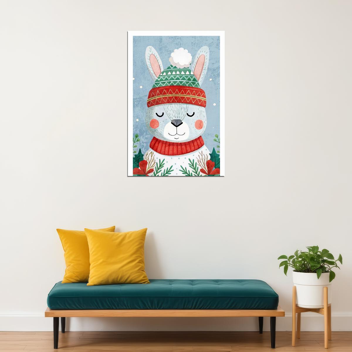 Cute Christmas Bunny Kids Poster Winter Nursery Wall Art Cozy Festive Decor in Red Green Adorable Holiday Gift for Children - xonomax
