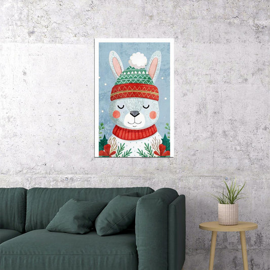 Cute Christmas Bunny Kids Poster Winter Nursery Wall Art Cozy Festive Decor in Red Green Adorable Holiday Gift for Children - xonomax