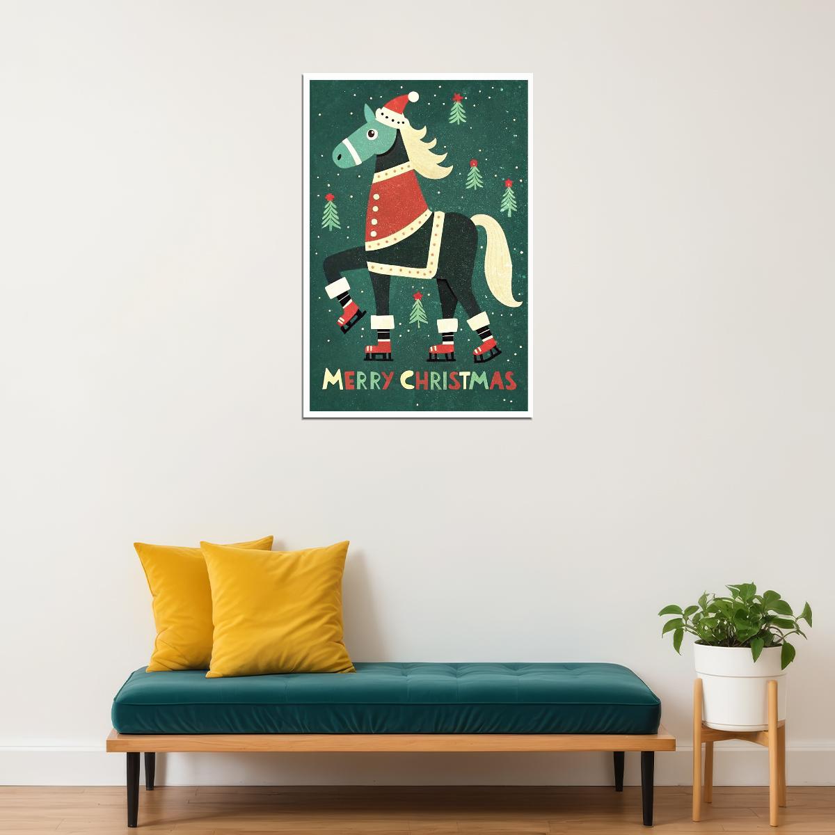Christmas Horse Kids Poster Merry Christmas Winter Nursery Wall Art Traditional Festive Decor in Green Red Perfect for Kids Room - xonomax