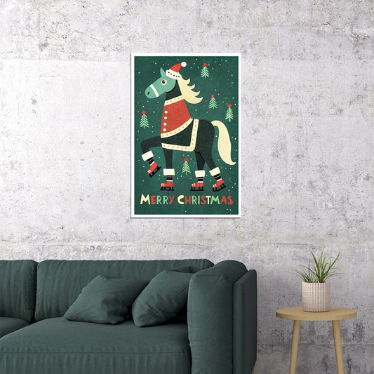 Christmas Horse Kids Poster Merry Christmas Winter Nursery Wall Art Traditional Festive Decor in Green Red Perfect for Kids Room - xonomax