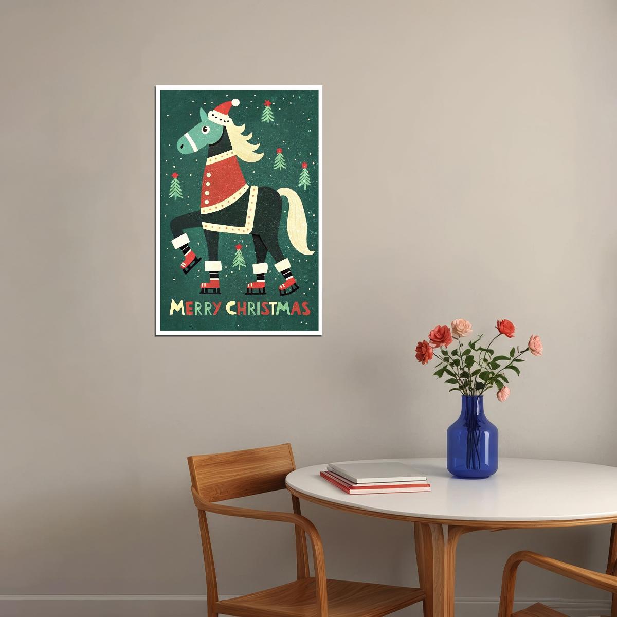 Christmas Horse Kids Poster Merry Christmas Winter Nursery Wall Art Traditional Festive Decor in Green Red Perfect for Kids Room - xonomax