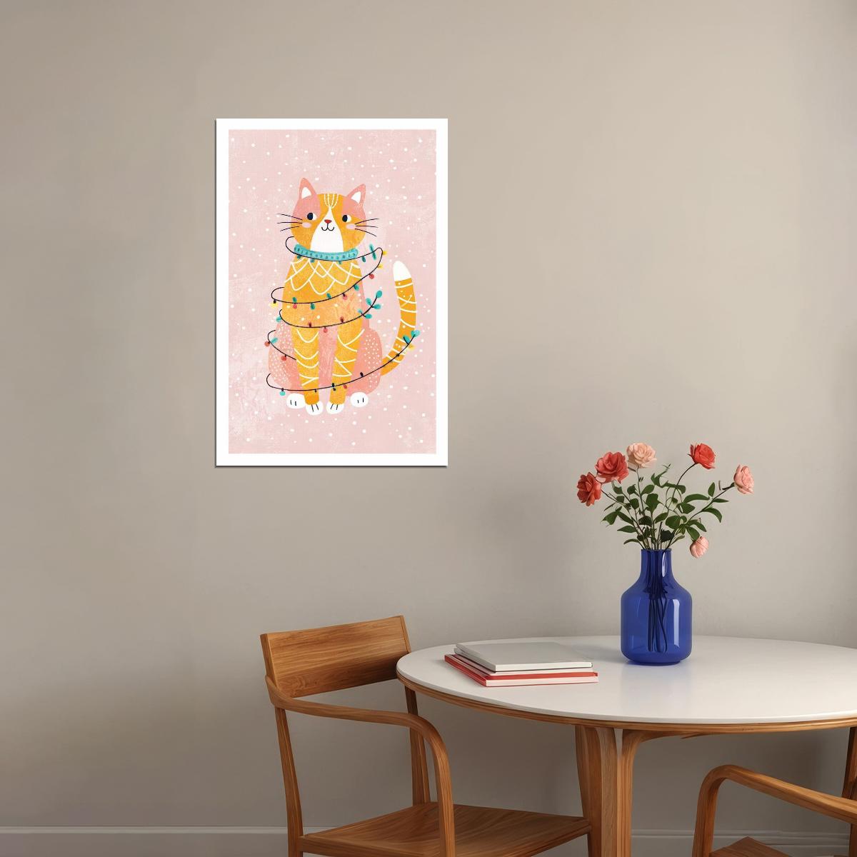 Christmas Cat Kids Poster Winter Nursery Wall Art Cute Festive Decor with Fairy Lights Adorable Gift for Holiday Season - xonomax