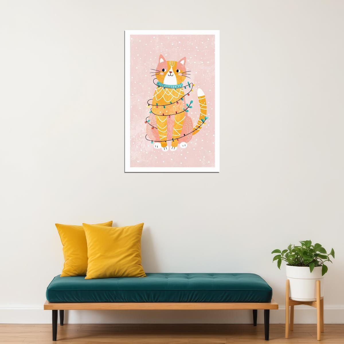 Christmas Cat Kids Poster Winter Nursery Wall Art Cute Festive Decor with Fairy Lights Adorable Gift for Holiday Season - xonomax