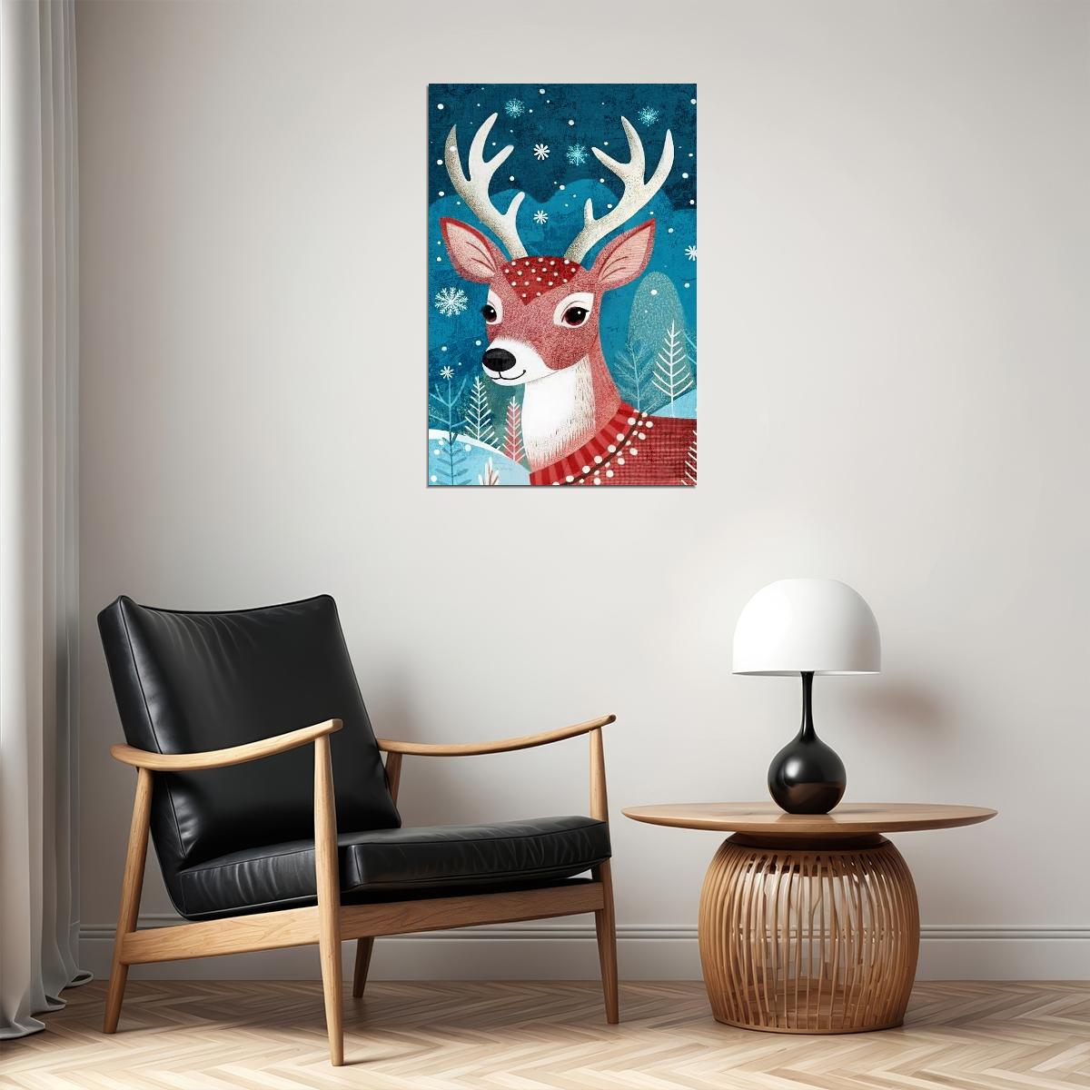 Cute Winter Deer Kids Poster Christmas Nursery Wall Art Snowy Forest Scene Festive Decor Adorable Gift for Kids Room - xonomax